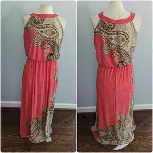 Women's Chico Coral Brown Tan Paisley Maxi Dress Halter Size 1 = 8 Medium